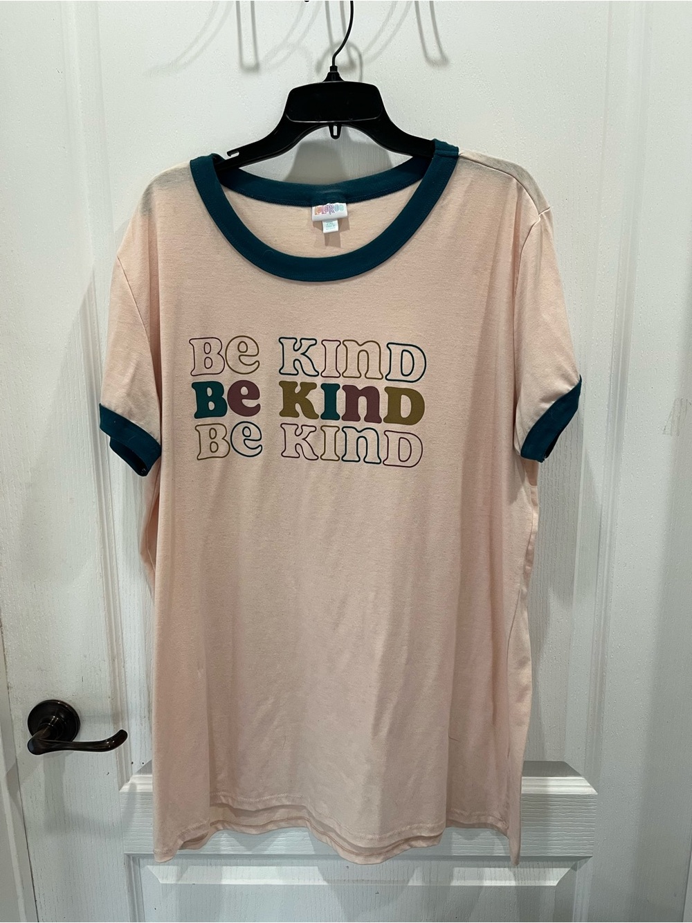 Lularoe Be Kind Ringer Tee - Peqch with Teal Trim 2x
